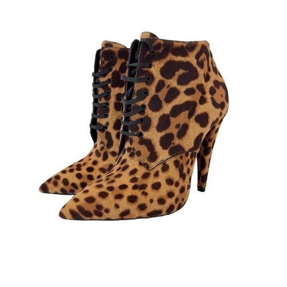 Saint Laurent Calfskin Hair Leopard Print Lace Up Ankle Boots 36 - Picture 1 of 5